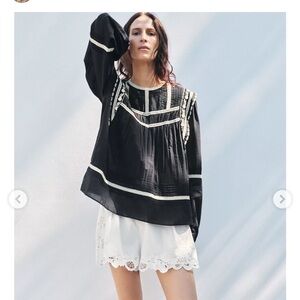 Zara Black Lace Boho Peasant Cotton Top Size XS